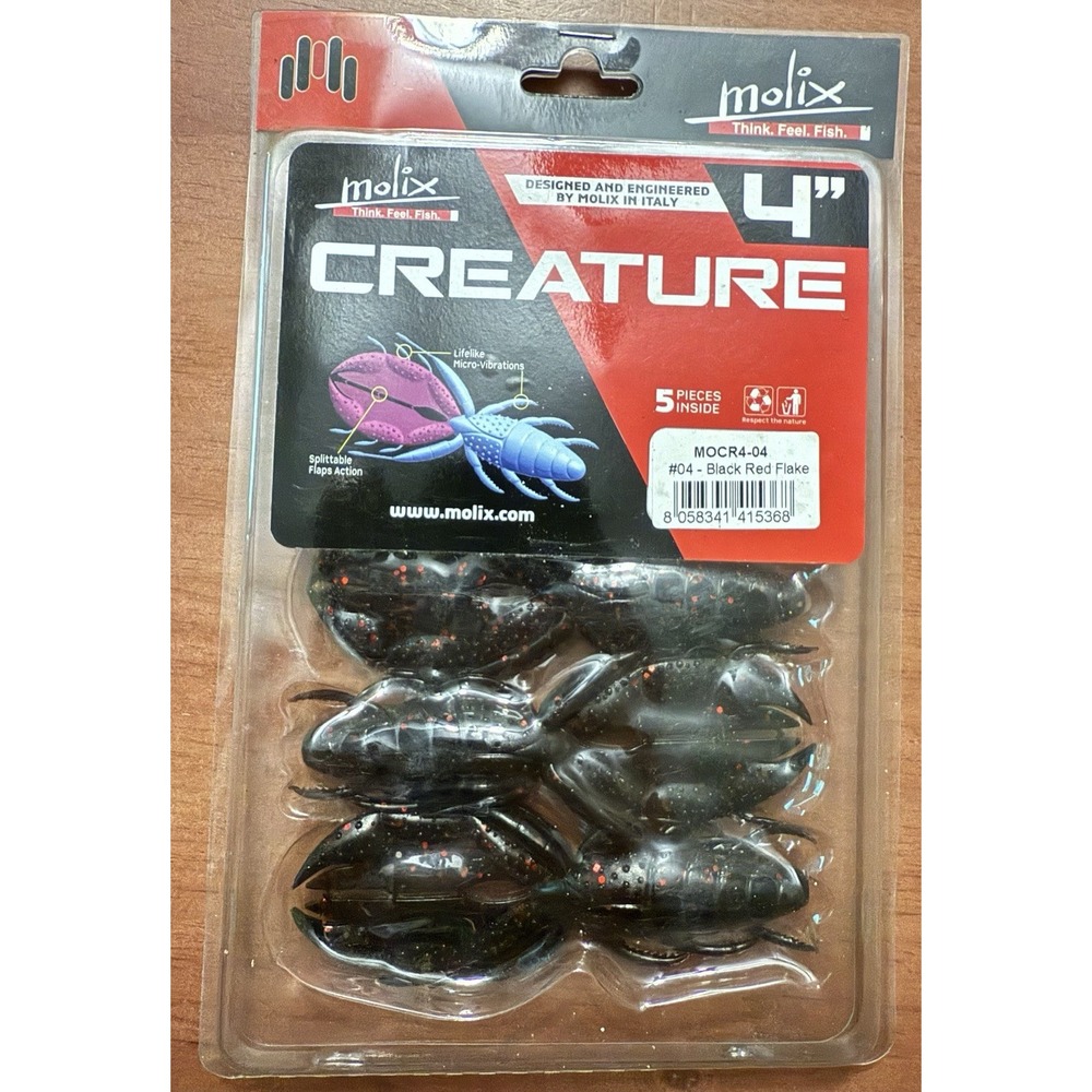 Molix Creature 4" Soft Plastic Craw #04 Black Red Flake‎ 5 Pack New in Package